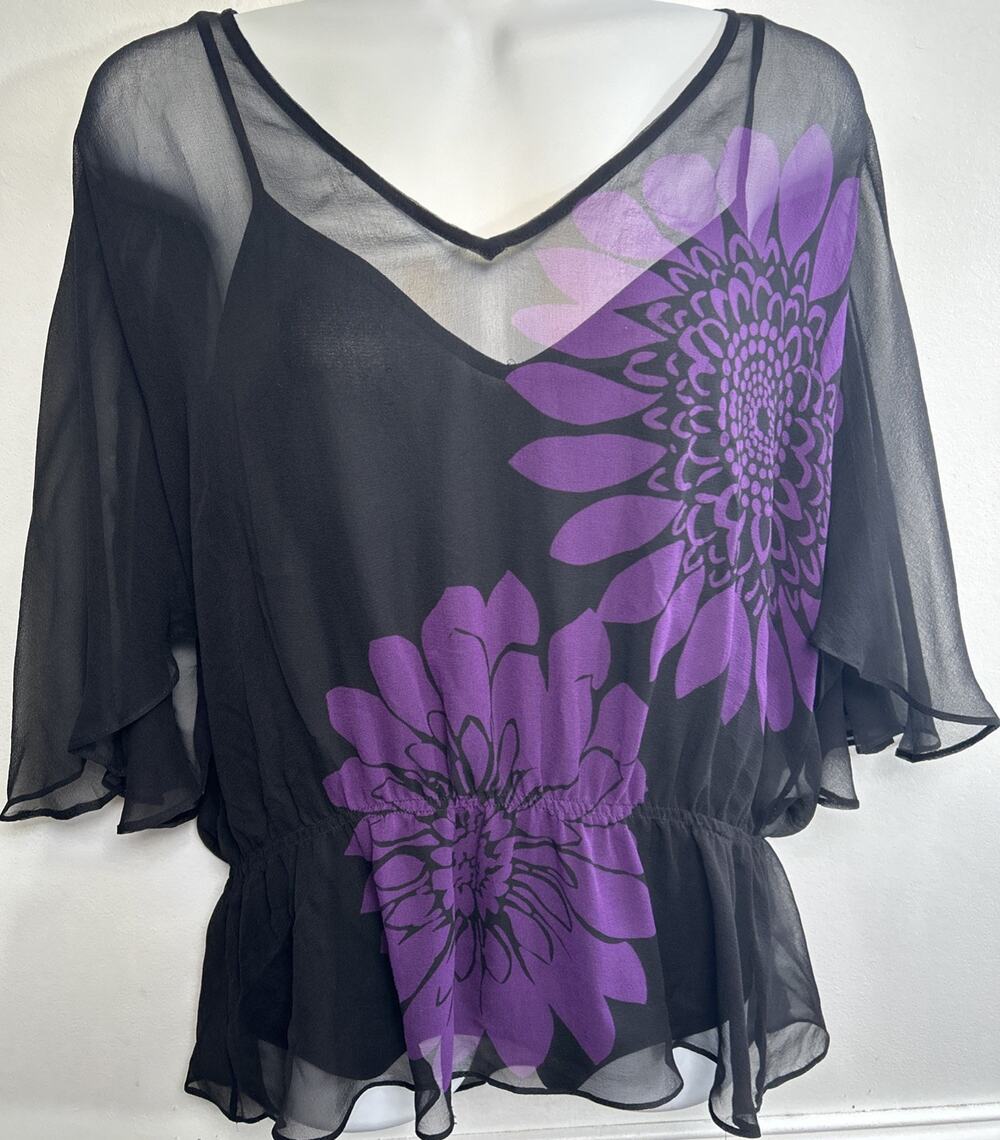 ECI New York Silk Blouse Top M Sheer Fairy Whimsigoth Flounce Vintage Y2K w Cami